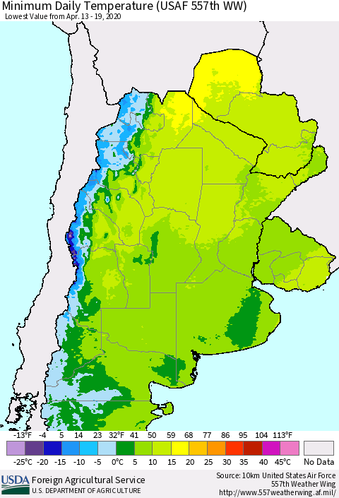 Southern South America Minimum Daily Temperature (USAF 557th WW) Thematic Map For 4/13/2020 - 4/19/2020