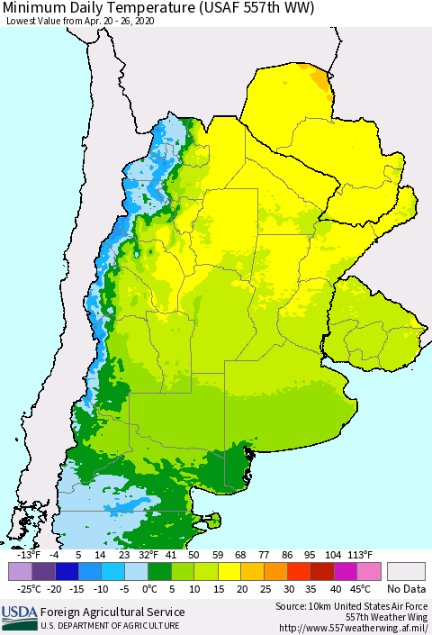 Southern South America Minimum Daily Temperature (USAF 557th WW) Thematic Map For 4/20/2020 - 4/26/2020