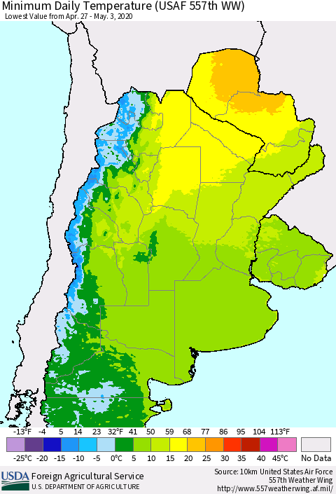Southern South America Minimum Daily Temperature (USAF 557th WW) Thematic Map For 4/27/2020 - 5/3/2020