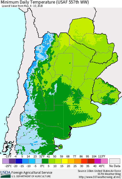 Southern South America Minimum Daily Temperature (USAF 557th WW) Thematic Map For 5/4/2020 - 5/10/2020