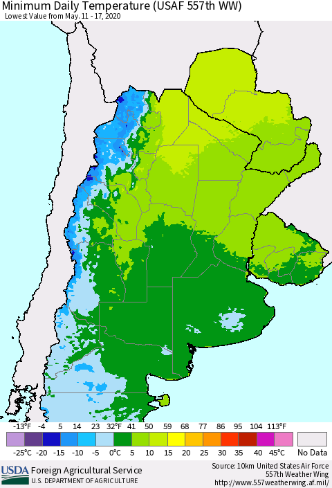 Southern South America Minimum Daily Temperature (USAF 557th WW) Thematic Map For 5/11/2020 - 5/17/2020