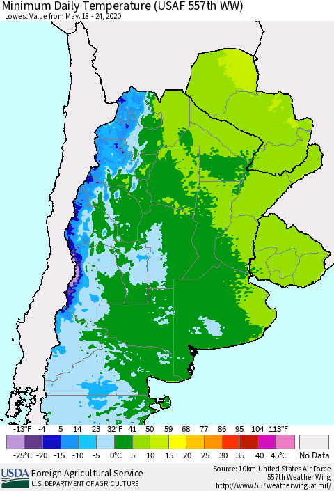 Southern South America Minimum Daily Temperature (USAF 557th WW) Thematic Map For 5/18/2020 - 5/24/2020