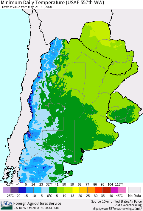 Southern South America Minimum Daily Temperature (USAF 557th WW) Thematic Map For 5/25/2020 - 5/31/2020