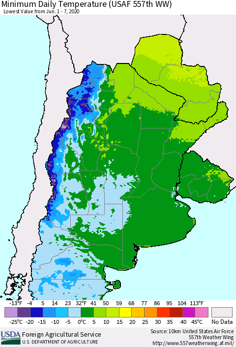 Southern South America Minimum Daily Temperature (USAF 557th WW) Thematic Map For 6/1/2020 - 6/7/2020
