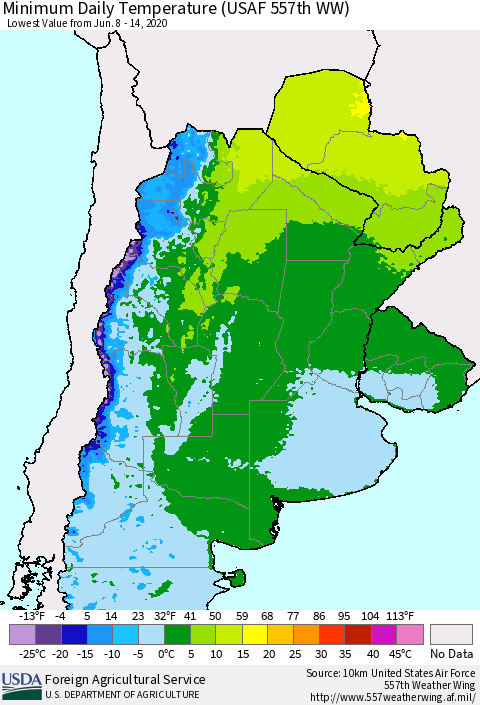 Southern South America Minimum Daily Temperature (USAF 557th WW) Thematic Map For 6/8/2020 - 6/14/2020