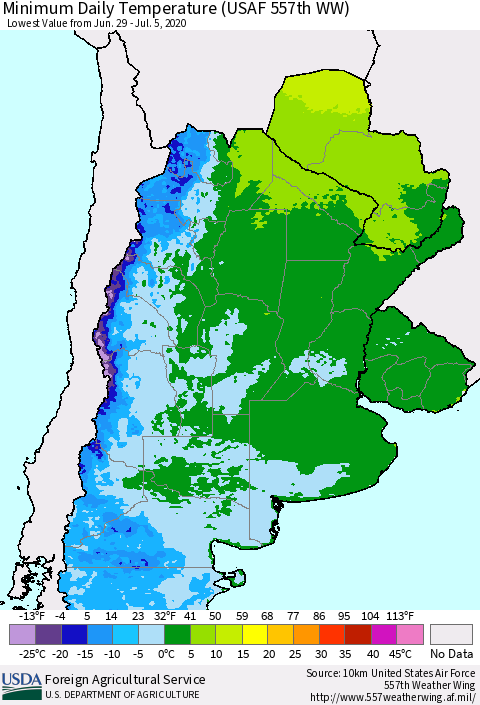 Southern South America Minimum Daily Temperature (USAF 557th WW) Thematic Map For 6/29/2020 - 7/5/2020