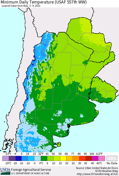 Southern South America Minimum Daily Temperature (USAF 557th WW) Thematic Map For 5/3/2021 - 5/9/2021