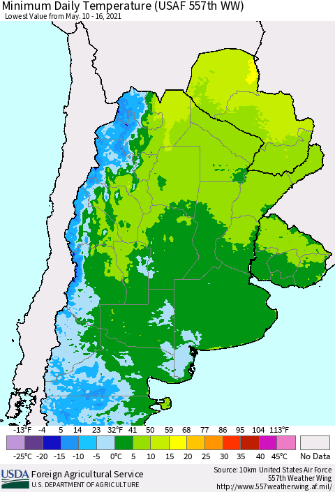 Southern South America Minimum Daily Temperature (USAF 557th WW) Thematic Map For 5/10/2021 - 5/16/2021