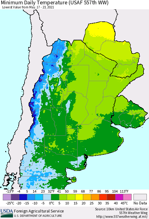 Southern South America Minimum Daily Temperature (USAF 557th WW) Thematic Map For 5/17/2021 - 5/23/2021