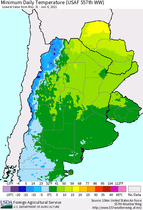 Southern South America Minimum Daily Temperature (USAF 557th WW) Thematic Map For 5/31/2021 - 6/6/2021