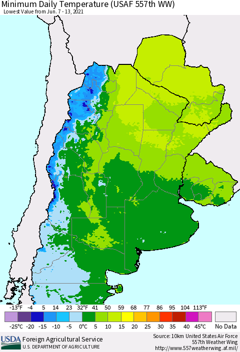 Southern South America Minimum Daily Temperature (USAF 557th WW) Thematic Map For 6/7/2021 - 6/13/2021