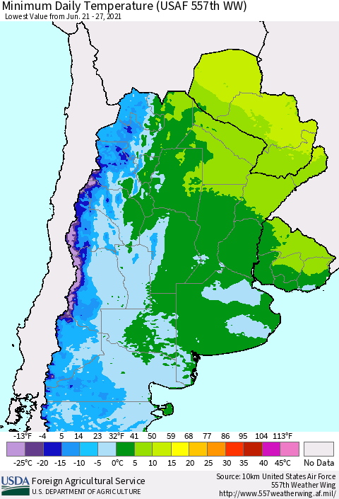 Southern South America Minimum Daily Temperature (USAF 557th WW) Thematic Map For 6/21/2021 - 6/27/2021