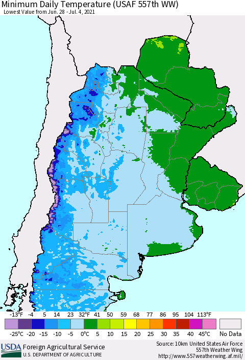 Southern South America Minimum Daily Temperature (USAF 557th WW) Thematic Map For 6/28/2021 - 7/4/2021