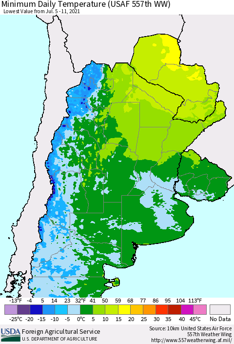 Southern South America Minimum Daily Temperature (USAF 557th WW) Thematic Map For 7/5/2021 - 7/11/2021