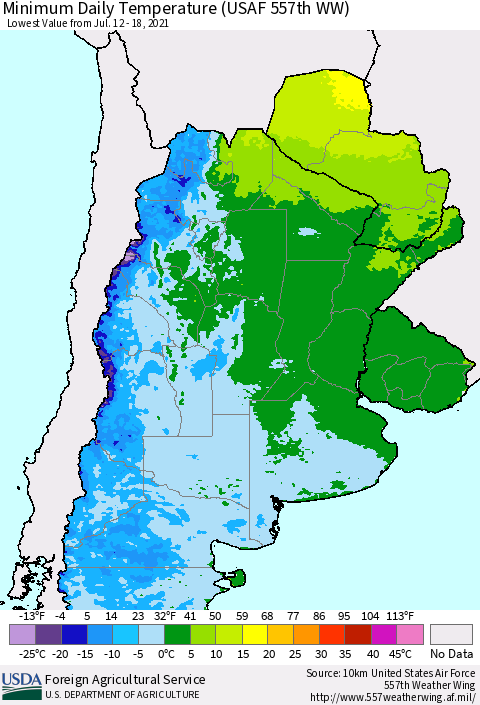 Southern South America Minimum Daily Temperature (USAF 557th WW) Thematic Map For 7/12/2021 - 7/18/2021