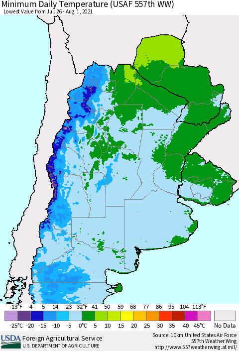 Southern South America Minimum Daily Temperature (USAF 557th WW) Thematic Map For 7/26/2021 - 8/1/2021