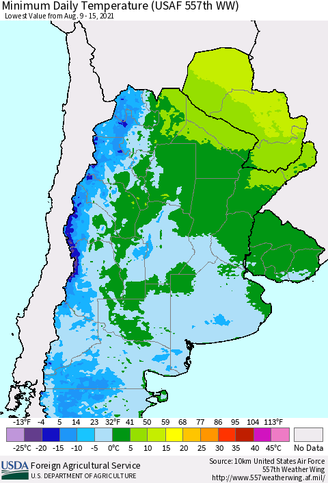 Southern South America Minimum Daily Temperature (USAF 557th WW) Thematic Map For 8/9/2021 - 8/15/2021