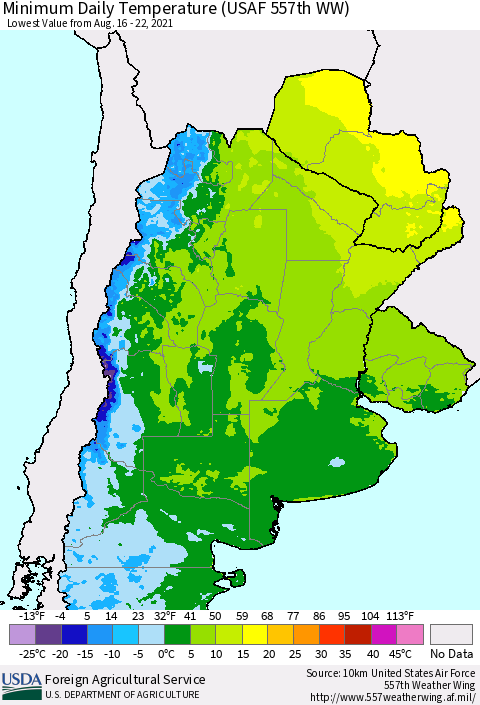 Southern South America Minimum Daily Temperature (USAF 557th WW) Thematic Map For 8/16/2021 - 8/22/2021