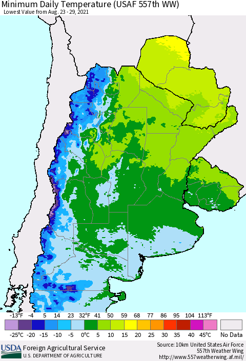 Southern South America Minimum Daily Temperature (USAF 557th WW) Thematic Map For 8/23/2021 - 8/29/2021