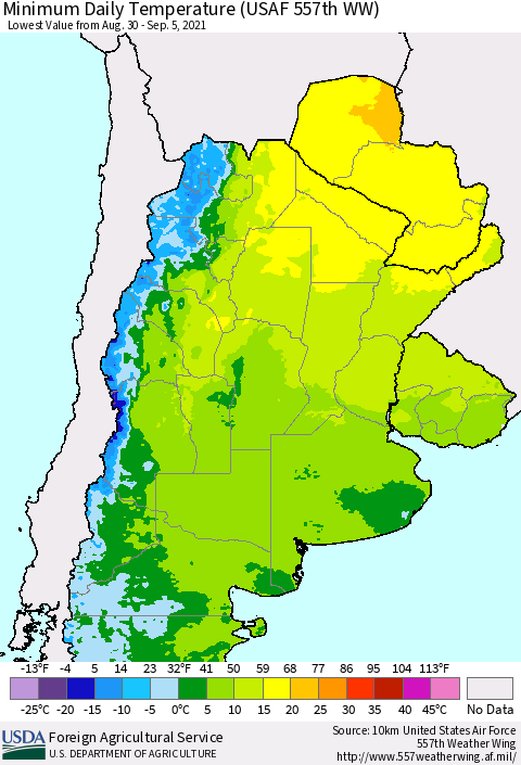 Southern South America Minimum Daily Temperature (USAF 557th WW) Thematic Map For 8/30/2021 - 9/5/2021