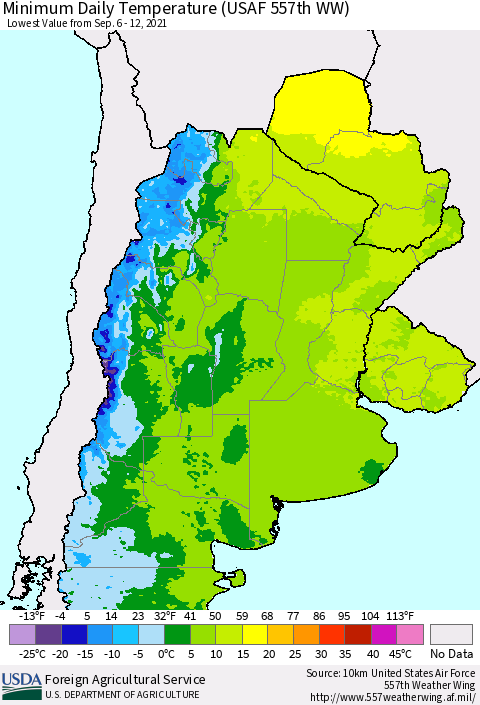 Southern South America Minimum Daily Temperature (USAF 557th WW) Thematic Map For 9/6/2021 - 9/12/2021