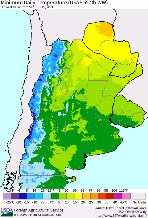 Southern South America Minimum Daily Temperature (USAF 557th WW) Thematic Map For 9/13/2021 - 9/19/2021