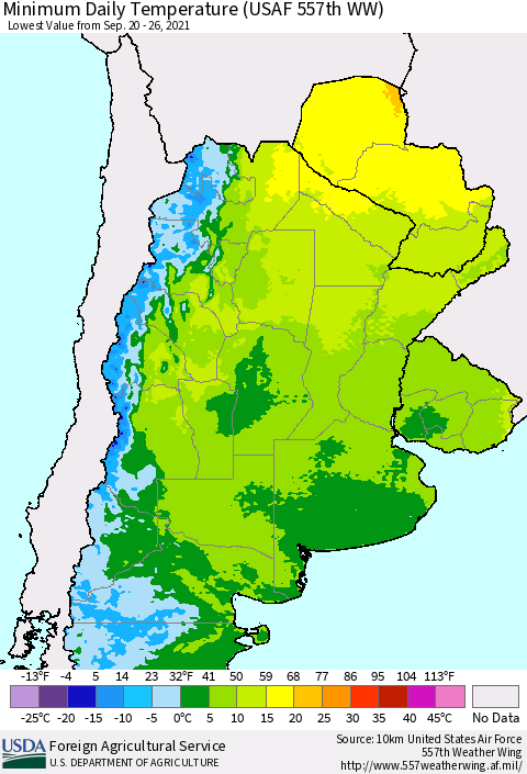 Southern South America Minimum Daily Temperature (USAF 557th WW) Thematic Map For 9/20/2021 - 9/26/2021