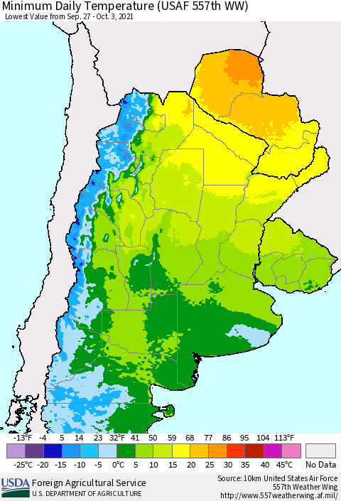 Southern South America Minimum Daily Temperature (USAF 557th WW) Thematic Map For 9/27/2021 - 10/3/2021