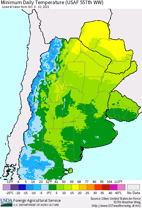 Southern South America Minimum Daily Temperature (USAF 557th WW) Thematic Map For 10/4/2021 - 10/10/2021