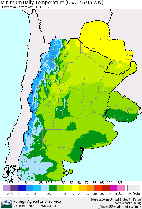 Southern South America Minimum Daily Temperature (USAF 557th WW) Thematic Map For 10/11/2021 - 10/17/2021