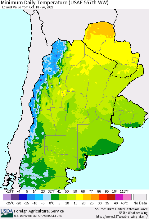 Southern South America Minimum Daily Temperature (USAF 557th WW) Thematic Map For 10/18/2021 - 10/24/2021