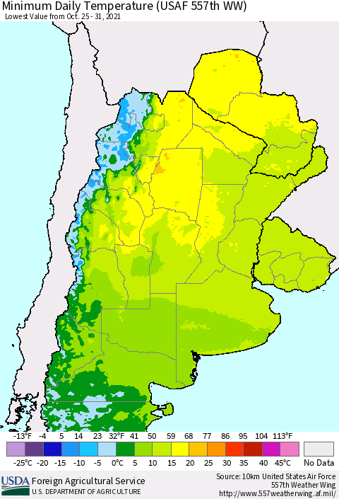 Southern South America Minimum Daily Temperature (USAF 557th WW) Thematic Map For 10/25/2021 - 10/31/2021