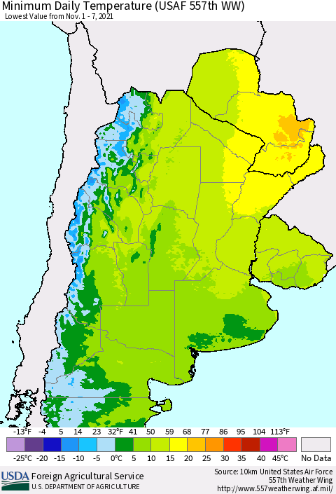 Southern South America Minimum Daily Temperature (USAF 557th WW) Thematic Map For 11/1/2021 - 11/7/2021