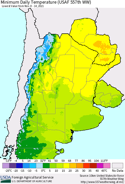 Southern South America Minimum Daily Temperature (USAF 557th WW) Thematic Map For 11/8/2021 - 11/14/2021