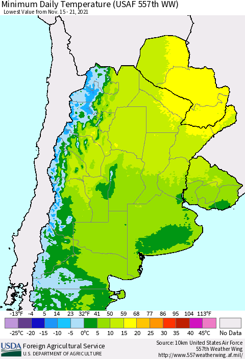 Southern South America Minimum Daily Temperature (USAF 557th WW) Thematic Map For 11/15/2021 - 11/21/2021