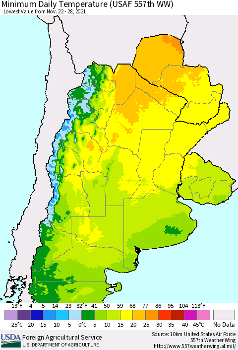 Southern South America Minimum Daily Temperature (USAF 557th WW) Thematic Map For 11/22/2021 - 11/28/2021