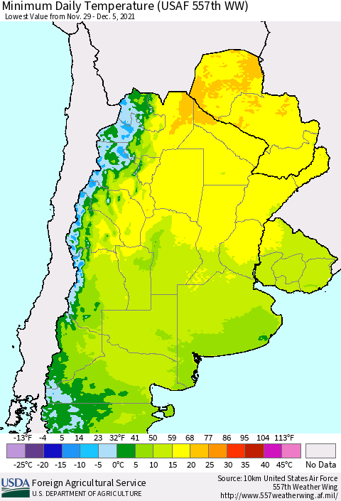 Southern South America Minimum Daily Temperature (USAF 557th WW) Thematic Map For 11/29/2021 - 12/5/2021