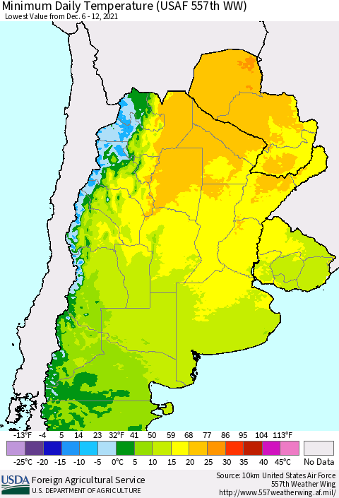 Southern South America Minimum Daily Temperature (USAF 557th WW) Thematic Map For 12/6/2021 - 12/12/2021