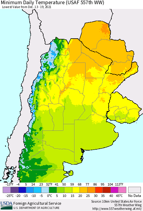 Southern South America Minimum Daily Temperature (USAF 557th WW) Thematic Map For 12/13/2021 - 12/19/2021