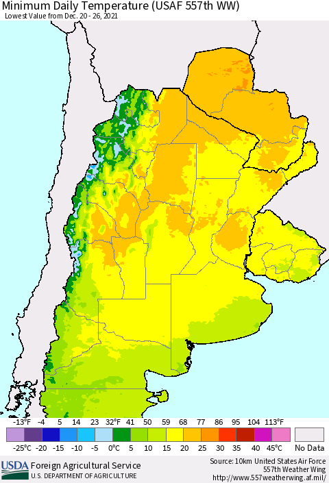 Southern South America Minimum Daily Temperature (USAF 557th WW) Thematic Map For 12/20/2021 - 12/26/2021