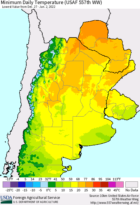 Southern South America Minimum Daily Temperature (USAF 557th WW) Thematic Map For 12/27/2021 - 1/2/2022