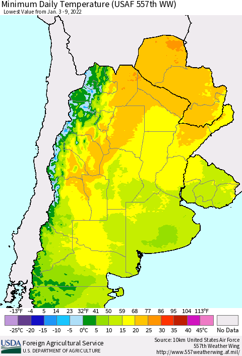 Southern South America Minimum Daily Temperature (USAF 557th WW) Thematic Map For 1/3/2022 - 1/9/2022