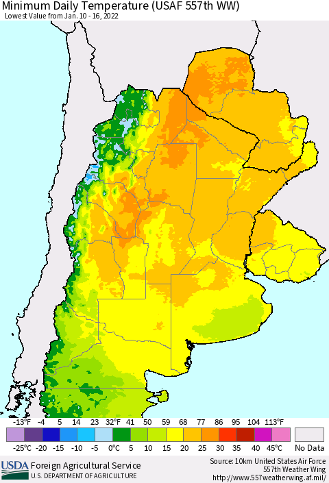 Southern South America Minimum Daily Temperature (USAF 557th WW) Thematic Map For 1/10/2022 - 1/16/2022