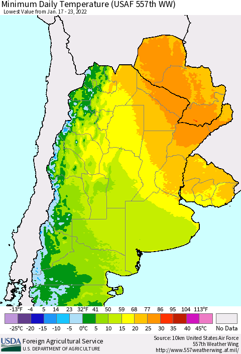 Southern South America Minimum Daily Temperature (USAF 557th WW) Thematic Map For 1/17/2022 - 1/23/2022