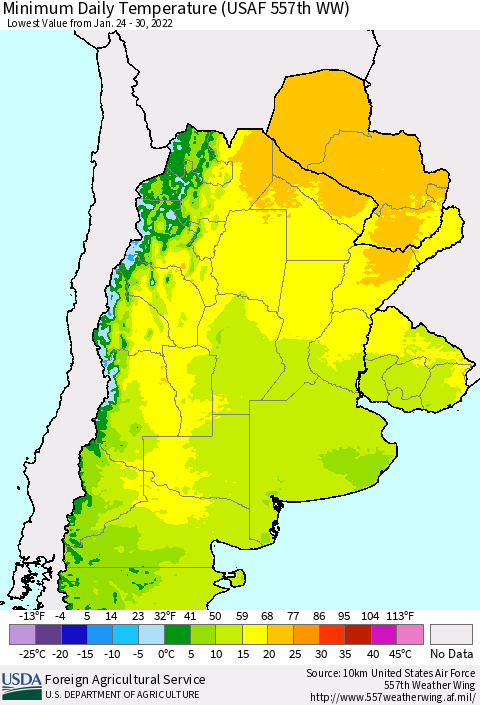 Southern South America Minimum Daily Temperature (USAF 557th WW) Thematic Map For 1/24/2022 - 1/30/2022