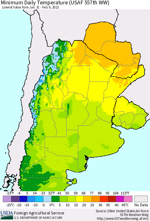 Southern South America Minimum Daily Temperature (USAF 557th WW) Thematic Map For 1/31/2022 - 2/6/2022