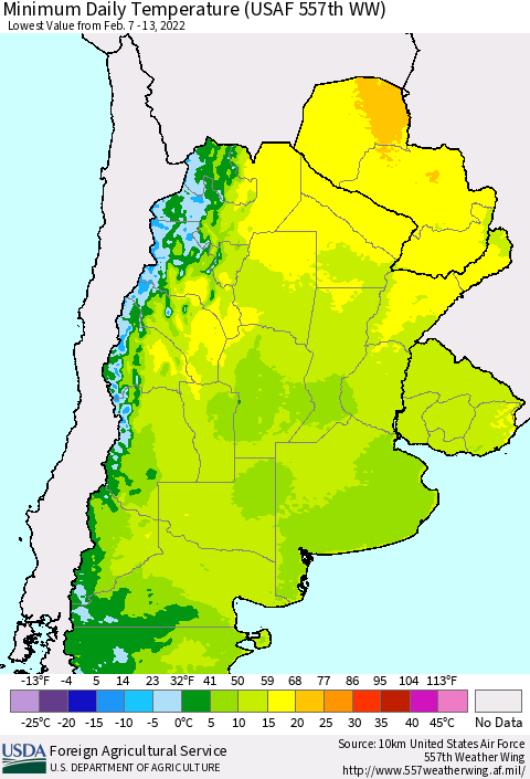 Southern South America Minimum Daily Temperature (USAF 557th WW) Thematic Map For 2/7/2022 - 2/13/2022