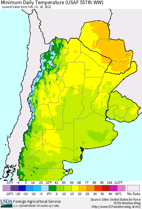 Southern South America Minimum Daily Temperature (USAF 557th WW) Thematic Map For 2/14/2022 - 2/20/2022