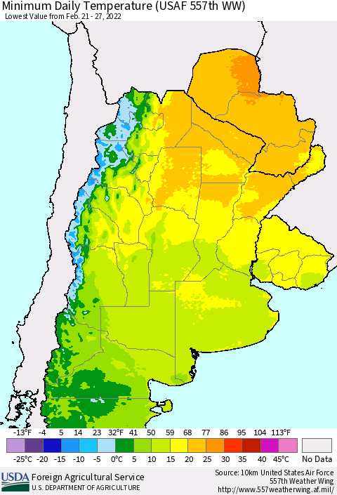 Southern South America Minimum Daily Temperature (USAF 557th WW) Thematic Map For 2/21/2022 - 2/27/2022
