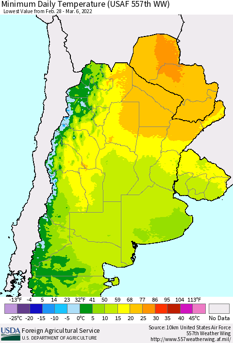 Southern South America Minimum Daily Temperature (USAF 557th WW) Thematic Map For 2/28/2022 - 3/6/2022